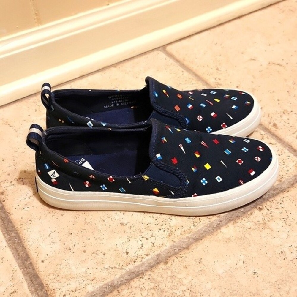 Sperry Women's Dark Blue Slip-on Shoes w/ Nautical Symbols Size 6